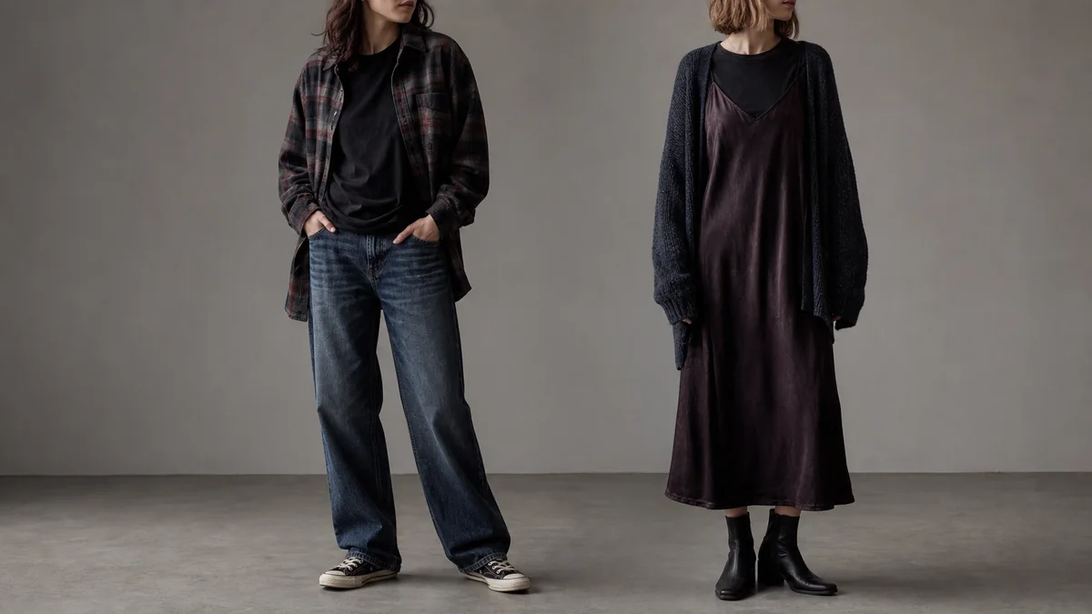 Deux silhouettes grunge sobres, l’une en chemise à carreaux et jean, l’autre en robe sombre et cardigan